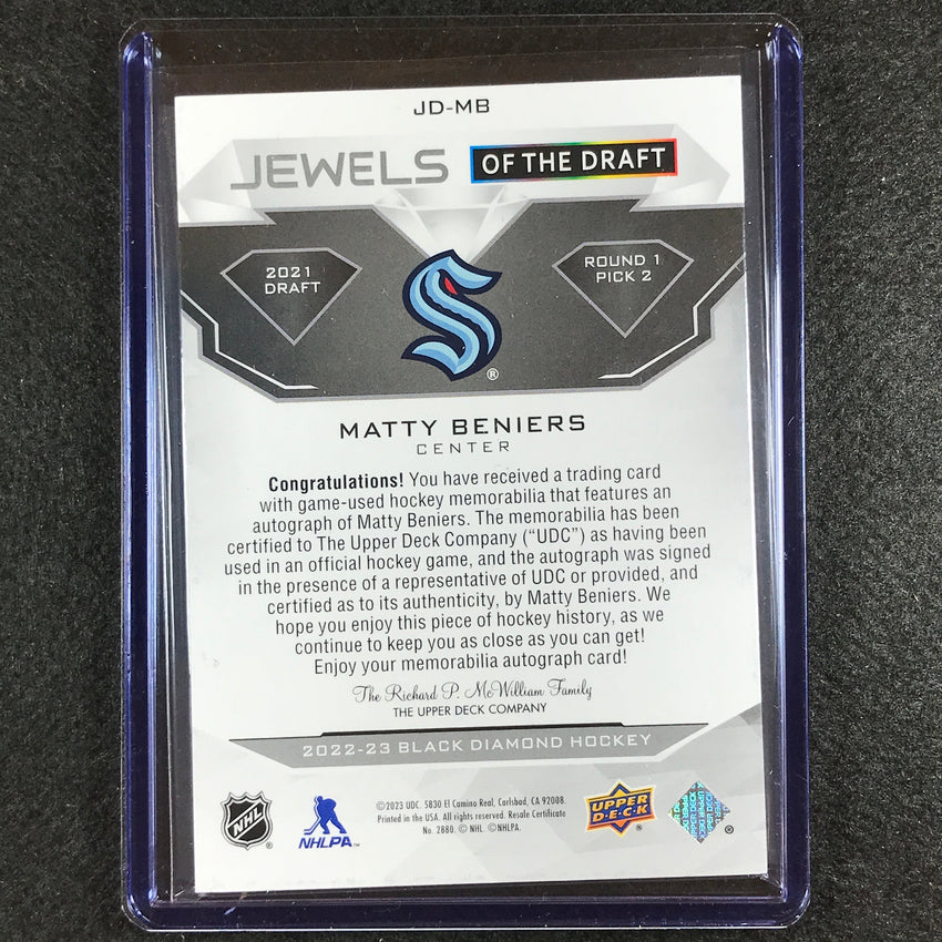 2022-23 Black Diamond Nhl Matty Beniers Jewels Of Draft Rookie Patch Auto 21/49