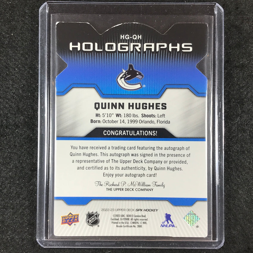 2022-23 SPx NHL QUINN HUGHES Holographs Auto Blue 1/1